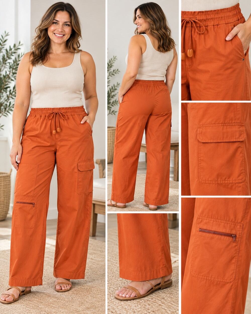 NWT Chico’s Size 2 Rust Orange Cargo Utility Pants Drawstring Wide Leg
